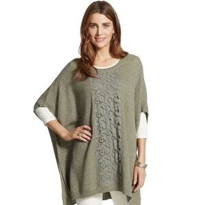 NWT Chico's Lucy Lace Body Poncho Sweater Green Gold Metallic Open Front L/XL